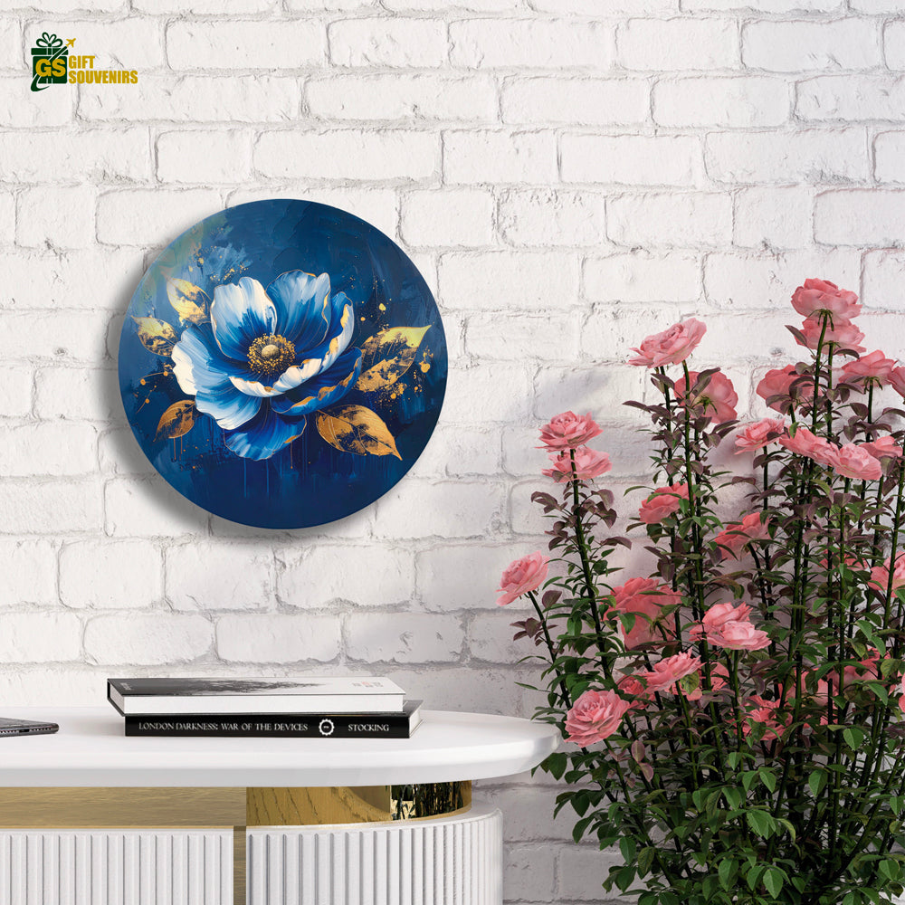 Midnight Bloom – Blue & Gold Floral Ceramic Wall Plate