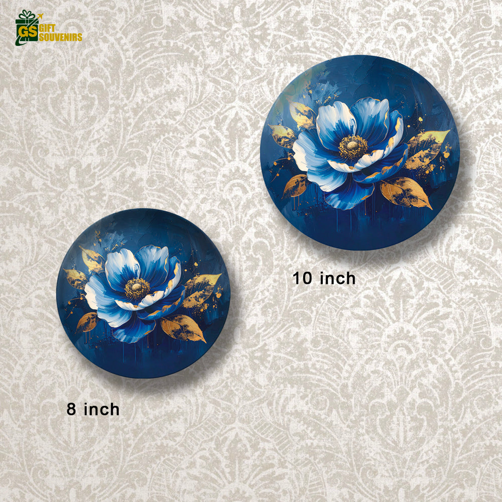 Midnight Bloom – Blue & Gold Floral Ceramic Wall Plate