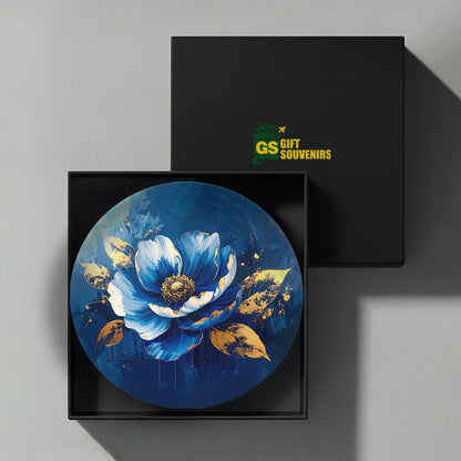 Midnight Bloom – Blue & Gold Floral Ceramic Wall Plate