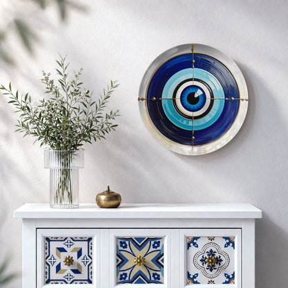 Blue Nazar ceramic wall plate featuring concentric Evil Eye circles and elegant golden accents