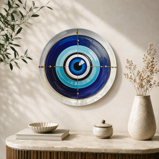 Azure Nazar Shield Evil Eye ceramic wall plate with blue concentric eye design for Vaastu decor