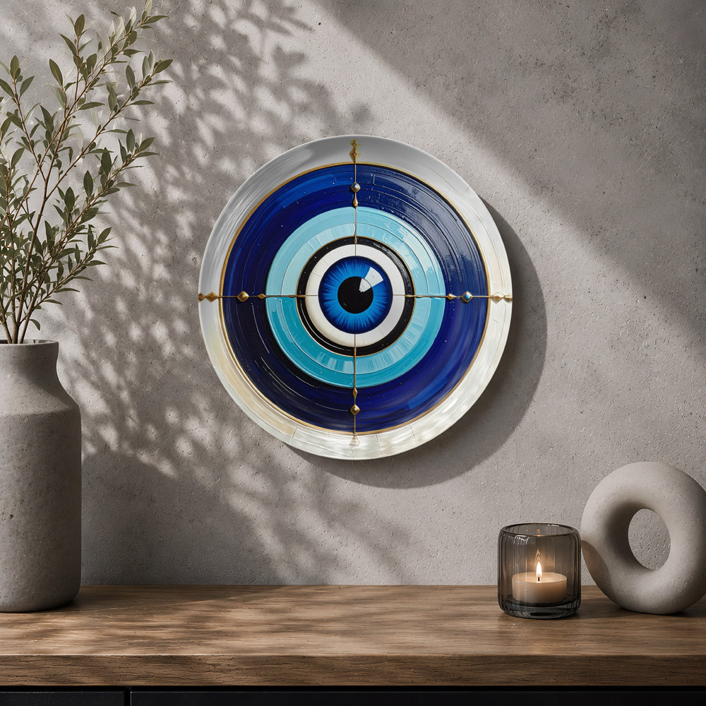 Decorative blue Evil Eye ceramic wall plate displayed as stylish contemporary home decor