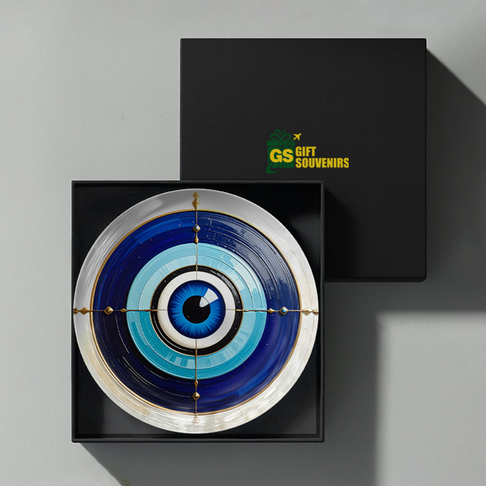 Vaastu Evil Eye ceramic wall plate with blue Nazar protection design presented in a premium gift box