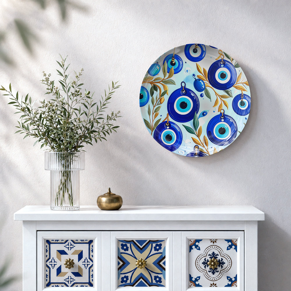 Nazar Garden blue Evil Eye ceramic wall plate for Vaastu and Feng Shui home decor
