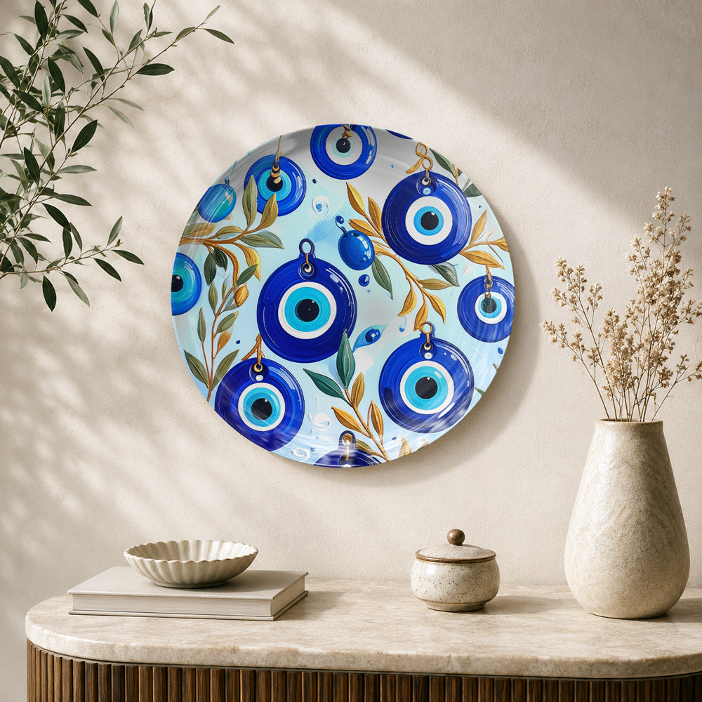 Nazar Garden Evil Eye botanical ceramic wall plate with vibrant blue Nazar motifs for Vaastu decor