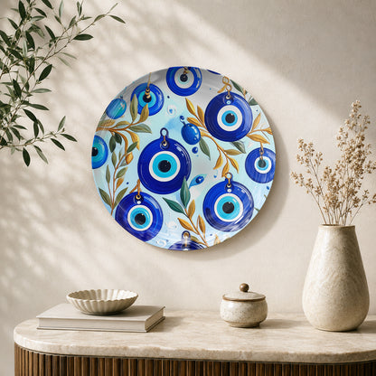 Nazar Garden Evil Eye botanical ceramic wall plate with vibrant blue Nazar motifs for Vaastu decor