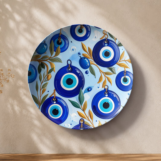 Nazar Garden decorative Evil Eye ceramic wall plate with blue botanical-inspired artwork
