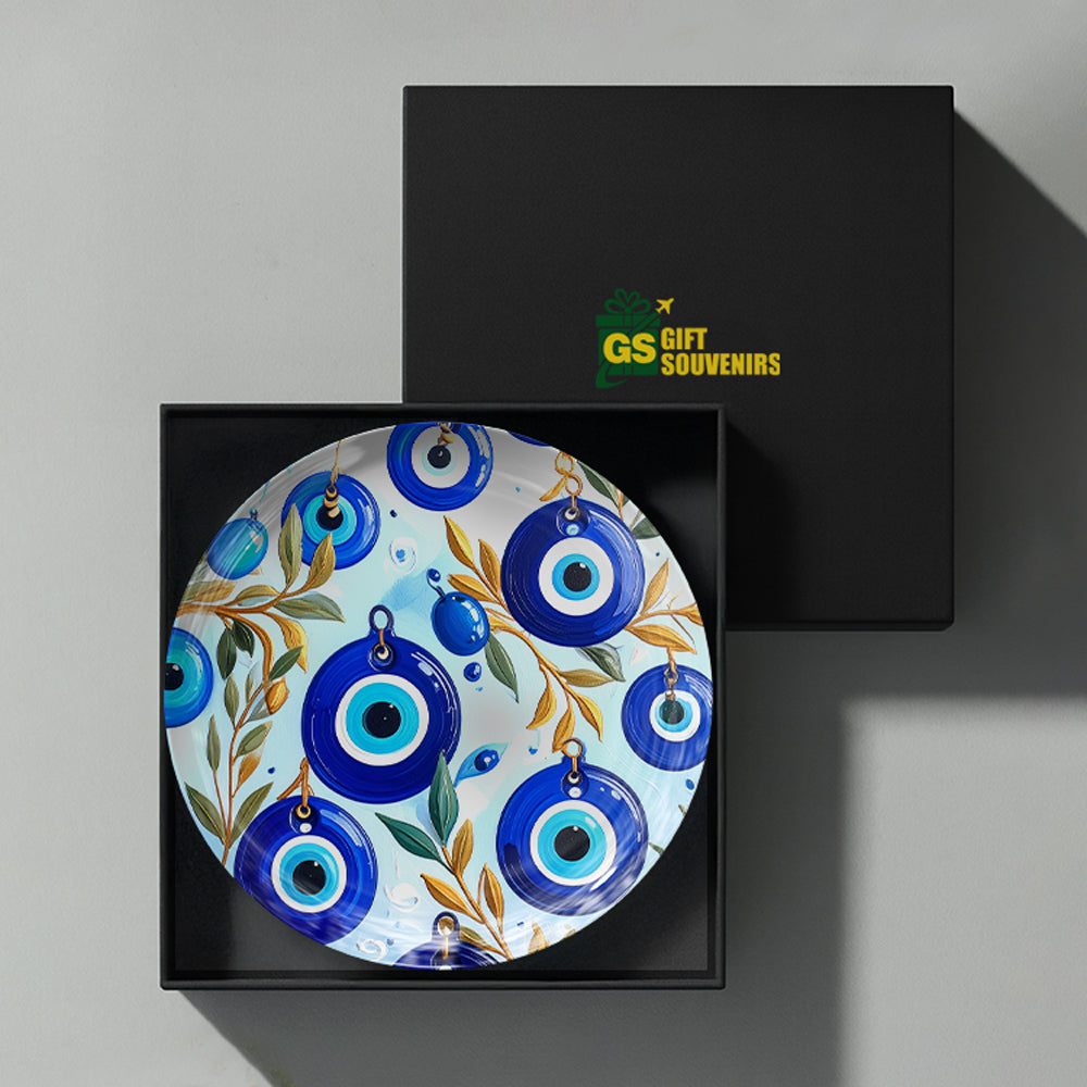 Nazar Garden Vaastu ceramic wall plate with Evil Eye design presented in a premium gift box