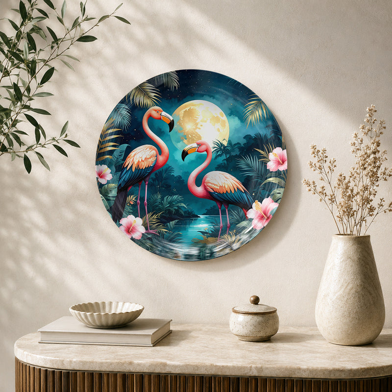 Moonlit Flamingo Harmony tropical bird ceramic wall plate featuring pink flamingos and a glowing moon