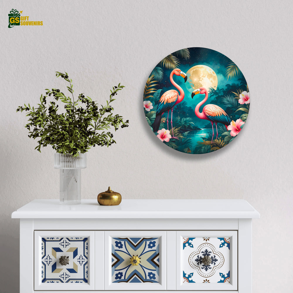 Moonlit Flamingo Harmony – Tropical Elegance Ceramic Wall Plate