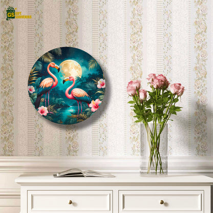 Moonlit Flamingo Harmony – Tropical Elegance Ceramic Wall Plate