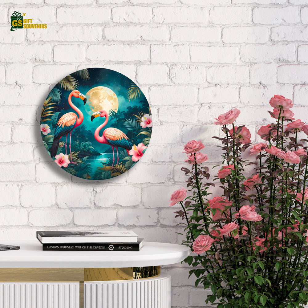 Moonlit Flamingo Harmony – Tropical Elegance Ceramic Wall Plate