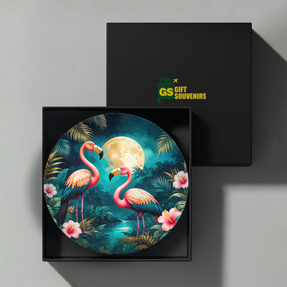 Moonlit Flamingo Harmony – Tropical Elegance Ceramic Wall Plate
