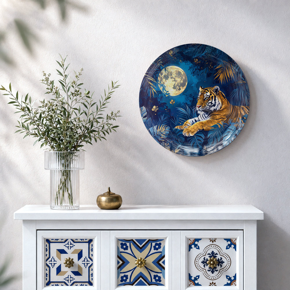 Moonlit Tiger Majesty ceramic wall plate featuring a tiger, full moon, blue landscape and golden grasses
