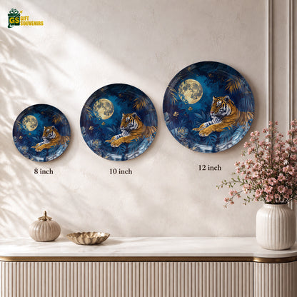Premium tiger ceramic wall plate featuring a majestic tiger against a deep blue moonlit landscape