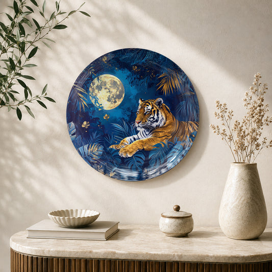 Moonlit Tiger Majesty wildlife ceramic wall plate featuring a tiger beneath a glowing full moon