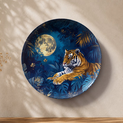 Wildlife ceramic wall plate featuring a majestic tiger resting beside tranquil water under moonlight