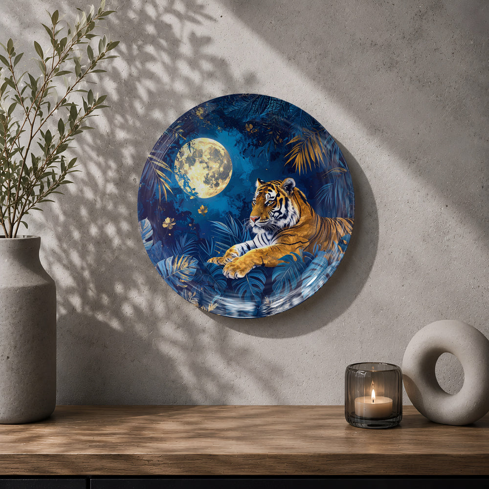 Tiger ceramic wall plate souvenir with deep blue forest, golden foliage and moonlit wildlife artwork