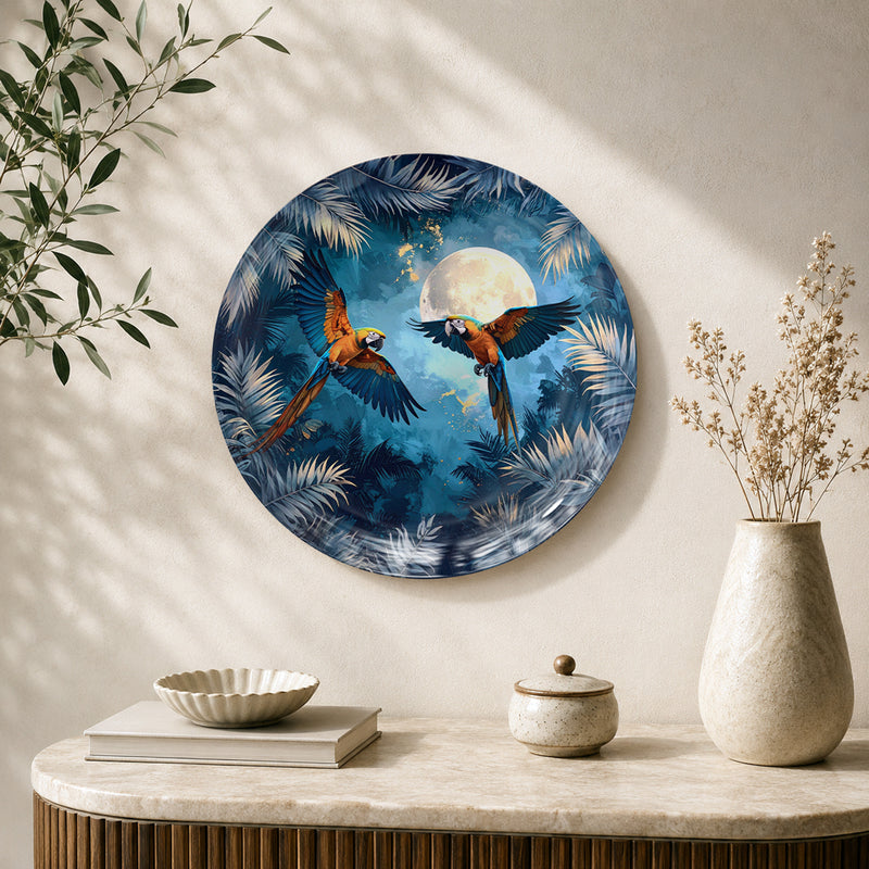 Moonlit Macaw Symphony tropical bird ceramic wall plate featuring colourful macaws and glowing moon