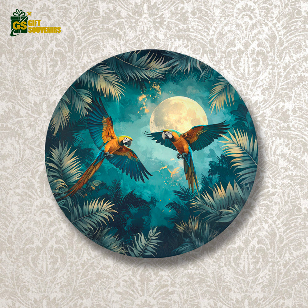 Moonlit Macaw Symphony – Tropical Paradise Ceramic Wall Plate