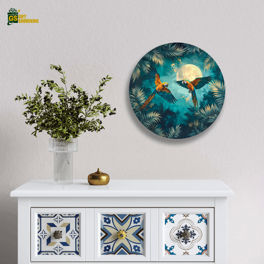 Moonlit Macaw Symphony – Tropical Paradise Ceramic Wall Plate