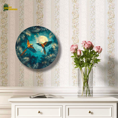Moonlit Macaw Symphony – Tropical Paradise Ceramic Wall Plate