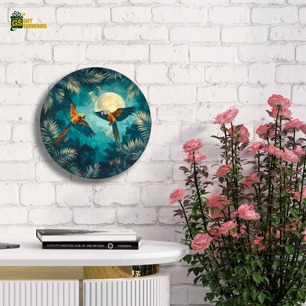 Moonlit Macaw Symphony – Tropical Paradise Ceramic Wall Plate