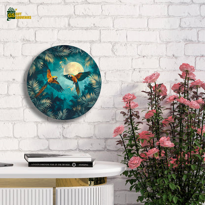 Moonlit Macaw Symphony – Tropical Paradise Ceramic Wall Plate