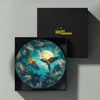 Moonlit Macaw Symphony – Tropical Paradise Ceramic Wall Plate