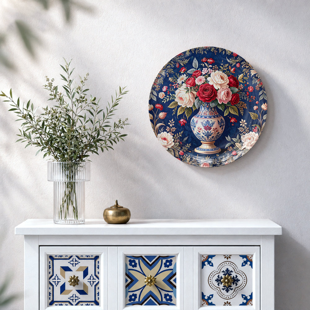 Vintage Rose Bouquet ceramic wall plate featuring pink roses, red flowers and an ornate decorative vase