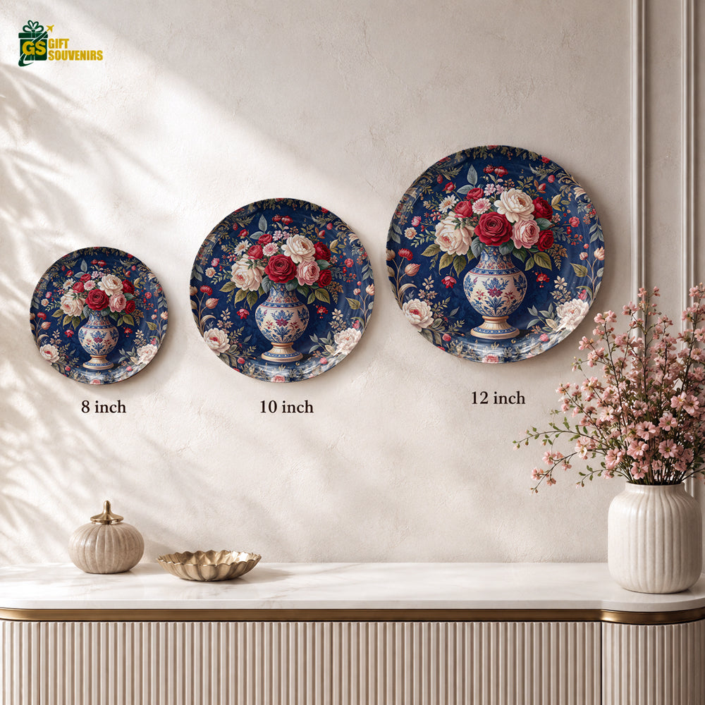 Premium rose ceramic wall plate featuring a colourful floral bouquet against a deep blue decorative background