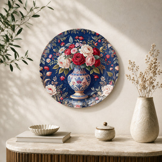 Vintage Rose Bouquet floral ceramic wall plate featuring pink and red roses in an ornate vase