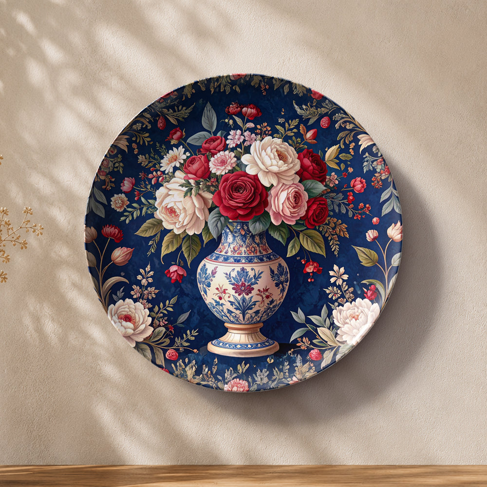 Classic floral ceramic wall plate featuring a detailed bouquet of roses and decorative botanical patterns