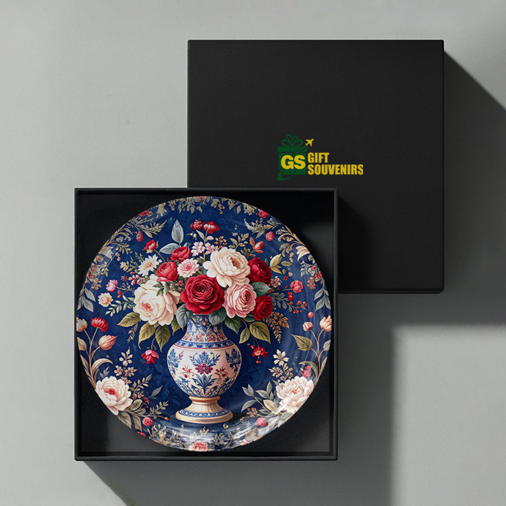 Floral art ceramic wall plate souvenir with premium gift box and detailed vintage rose artwork