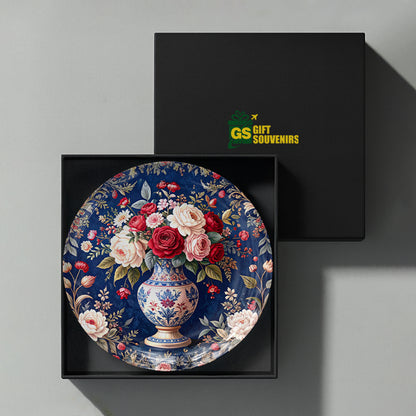 Floral art ceramic wall plate souvenir with premium gift box and detailed vintage rose artwork