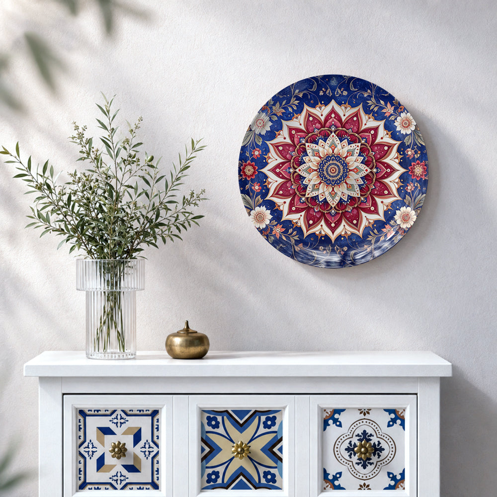 Indian-inspired floral mandala ceramic wall plate with intricate geometric and ornamental detailing.