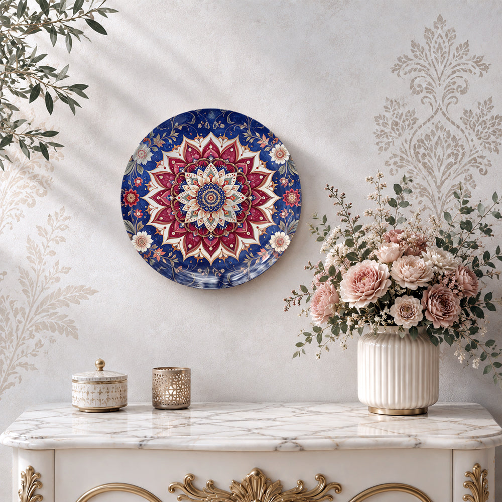 Decorative ceramic wall plate featuring a symmetrical mandala flower design for elegant home décor.