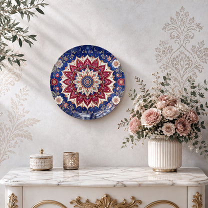 Decorative ceramic wall plate featuring a symmetrical mandala flower design for elegant home décor.