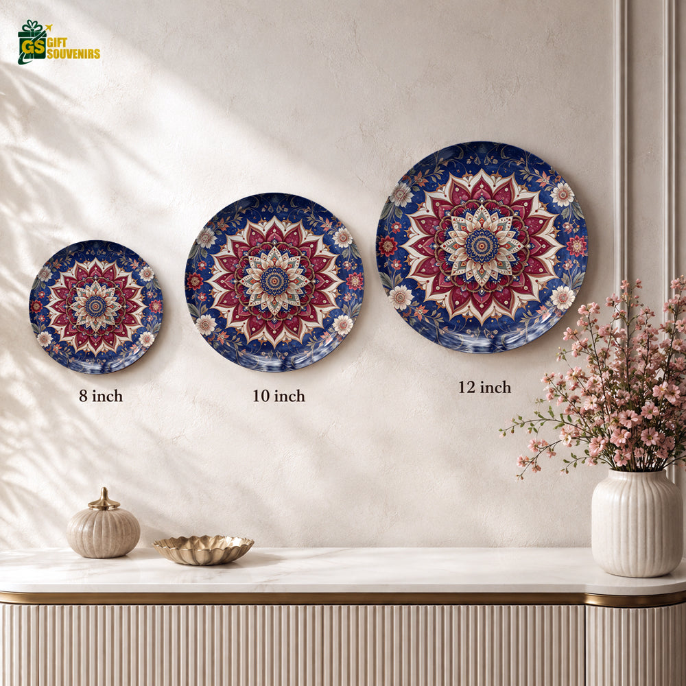 Glossy ceramic wall plate showcasing an intricate radial floral mandala in rich jewel tones.