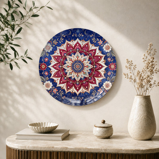 Royal Mandala Bloom ceramic wall plate featuring intricate symmetrical floral mandala artwork.