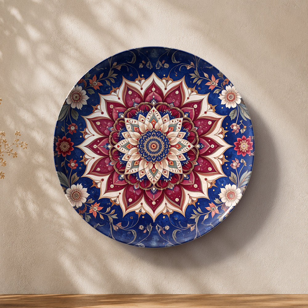 Premium ceramic wall plate showcasing a colourful floral mandala in royal blue, red, pink, and ivory tones.