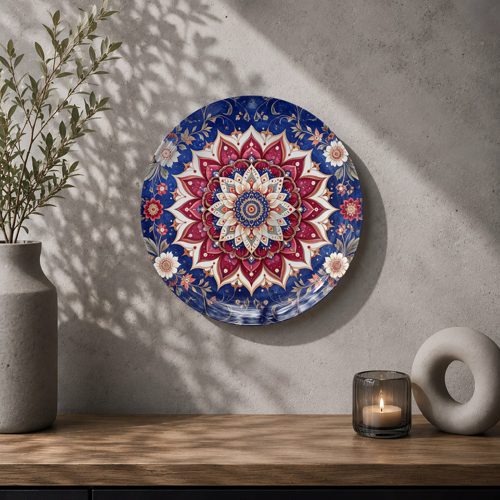 Royal Mandala Bloom floral art ceramic wall plate inspired by traditional Indian decorative patterns.