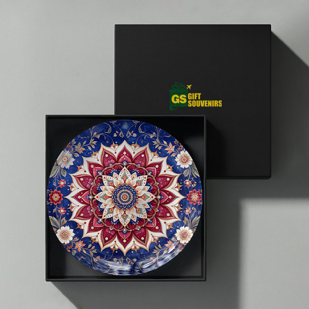 Floral mandala ceramic wall plate inspired by symmetry, balance, harmony, and timeless Indian artistry.