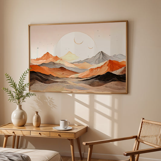 Celestial Horizons – Abstract Mountain & Moon Canvas Wall Art
