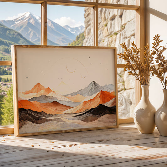 Celestial Horizons – Abstract Mountain & Moon Canvas Wall Art