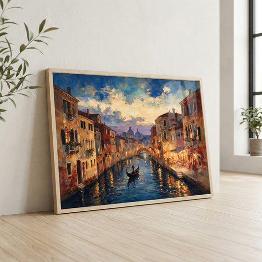 Venice Grand Canal canvas wall art featuring a gondola surrounded by historic buildings and glowing evening lights