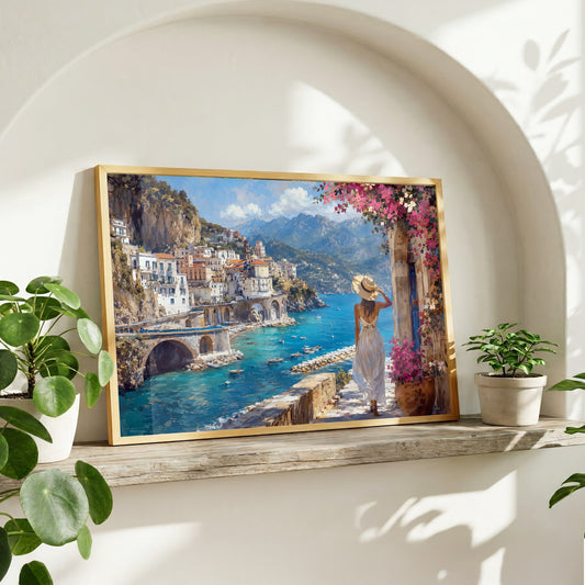 Italian coastal wall art showing the Amalfi Coast with colourful hillside buildings, mountains, boats, and bright blue sea