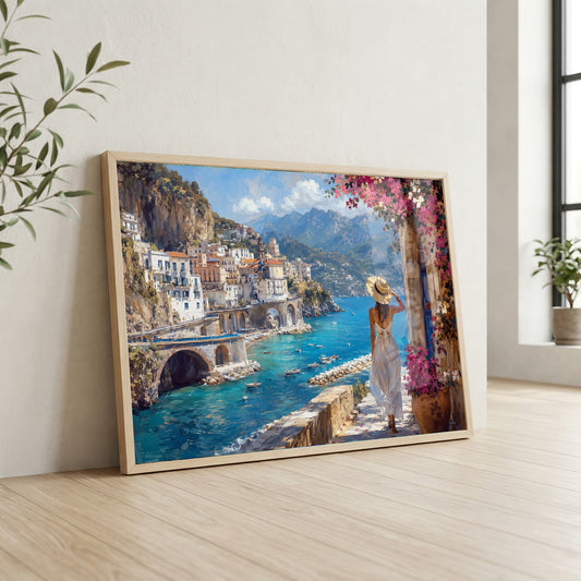 Amalfi Coast canvas wall art featuring a woman in a white dress overlooking turquoise Mediterranean waters and Italian coastal villages