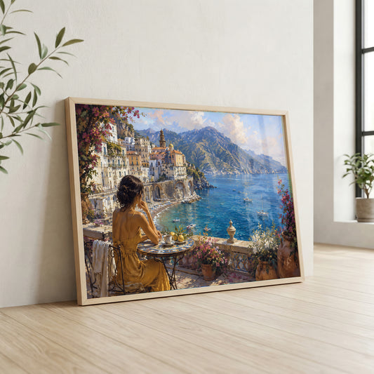 Amalfi Coast canvas wall art featuring a woman enjoying breakfast on a terrace overlooking the blue Mediterranean Sea