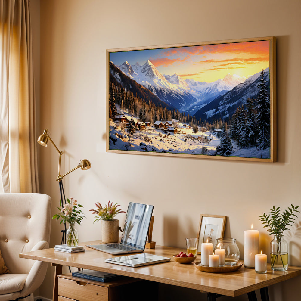 Valley of Dawn – Himalayan Villages Beneath Golden Skies Canvas Wall Art